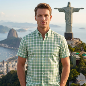 J.Hampstead Moretti Premium Egyptian Collection with 100% Giza Cotton Green Checkered Pattern Unstitched Shirt Fabric of 1.6 mts - Made In Italy / VV2763