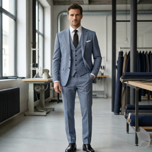 Raymond 100% Pure Wool (All Wool) Thick Blue Color Self Checkered Unstitched Suit Fabric - 3.5 Mts / VV2034