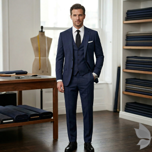 Raymond 100% Pure Wool (All Wool) Thick Blue Color Self Checkered Unstitched Suit Fabric - 3.5 Mts / VV2044