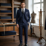 Raymond 100% Pure Wool (All Wool) Jacquard Navy Blue Color Unstitched Suit Fabric - 3.5 Mts / VV2060