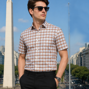 Raymond 100% Premium (Giza) Cotton Checkered Orange (Apricot) colour Unstitched Shirt Fabric - 1.60 mts / VV2226