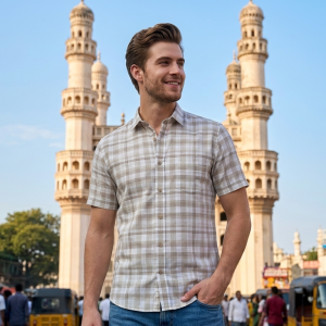 Raymond 100% Premium (Giza) Cotton Checkered White (Ivory) colour Unstitched Shirt Fabric - 1.60 mts / VV2236