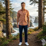 Raymond 100% Pure Linen Orange (Apricot) color Printed Unstitched Shirt Fabric of 1.6 meters / VV2389L