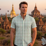 J.Hampstead Moretti Premium Egyptian Collection with 100% Giza Cotton Green (Celadon) Checkered Pattern Unstitched Shirt Fabric of 1.6 mts - Made In Italy / VV2391B