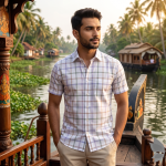 J.Hampstead Moretti Premium Egyptian Collection with 100% Giza Cotton White Colour Checkered Pattern Unstitched Shirt Fabric of 1.6 mts - Made In Italy / VV2425