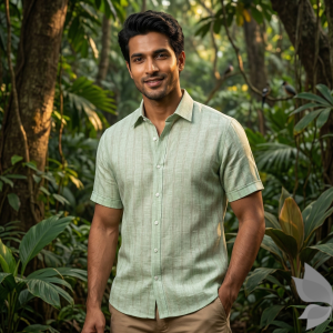 Siyaram's 100% Pure Linen 60 Lea Striped Green colour Unstitched Shirt Fabric of 1.60 mts / VV2512