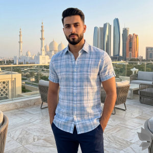 J.Hampstead Moretti Premium Collection with 100% Giza Cotton Light Blue (Pale Blue)  Checkered Pattern Unstitched Shirt Fabric of 1.6 mts - Made In Italy / VV2538