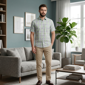 J.Hampstead Moretti Premium Collection with 100% Giza Cotton Green colour Checkered Pattern Unstitched Shirt Fabric of 1.6 mts - Made In Italy / VV2539