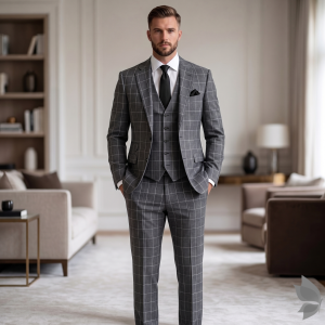 Raymond 45% Australian merino wool blended with Special Finish Checkered Pattern Grey colour Unstitched Suit Fabric of 3.5 meters / VV2605