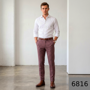 Raymond Adorn Super 90's Merino Wool Peach checkered trouser Fabric-1.25 mts / VV6816