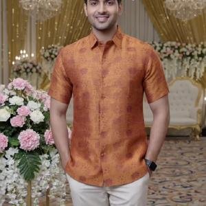 Siyaram's "Revista Collection" 100% Pure Royal Linen 60 Lea Jacquard Orange Colour Unstitched Shirt Fabric - 1.60 Mts / VV1064