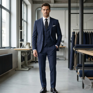 Raymond 100% Pure Wool (All Wool) Thick Blue Color Self Checkered Unstitched Suit Fabric - 3.5 Mts / VV2046