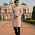 Raymond "CEREMONIA" Collection Wool Blended Peach with Jacquard and Floral design Unstitched Sherwani (Kurta) Fabric - 3 Mts / VV2145