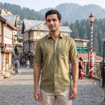 J.Hampstead Moretti 100% Pure Linen Fabric from "The Luxury Club of Italian Fusion Linen" with Green (Khaki) Colour Plain Pattern Unstitched Shirt Fabric of 1.6 mts / VV2403