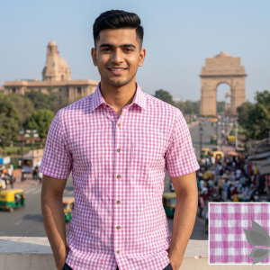 Siyaram's 100% Superfine Cotton Pink (Magenta) colour with Checkered Pattern Unstitched Shirt Fabric of 1.6 Mts / VV2462