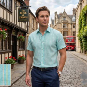 Siyaram's 100% Pure Linen 60 Lea Striped Green colour Unstitched Shirt Fabric of 1.60 mts / VV2519