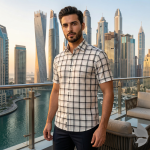 J.Hampstead Moretti Premium Egyptian Collection with 100% Giza Cotton White (Cream) Colour Checkered Pattern Unstitched Shirt Fabric of 1.6 mts - Made In Italy / VV2537