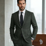 Raymond Australian Merino Wool Blended with All weather Jacquard pattern Green colour Unstitched Suit Fabric of 3.25 meters / VV2584