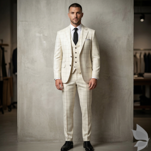 Raymond Caprio Collection made from Super 90's wool with 60% wool rich blend Beige colour Checkered pattern Unstitched Suit fabric of 3.5 Mts / VV2672