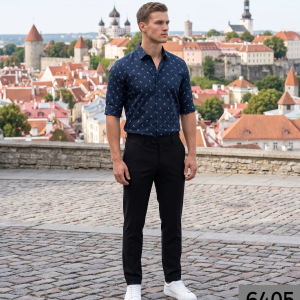 J.HAMPSTEAD " 100% GIZA COTTON " NAVY BLUE COLOURED PRINTED UNSTITCHED SHIRT FABRIC -1.6 METRES - VV6405